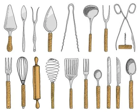 Dining or snack fork for oysters, ice cream spoon and knife for dessert or Stock Illustration