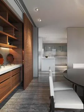 Dining room and kitchen in modern home Stock Photos
