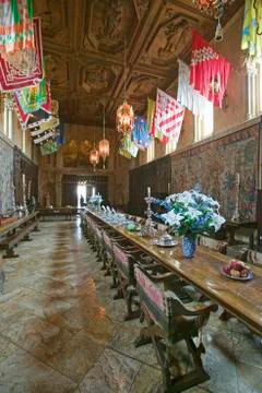 Dining Room and table settings at Hearst Castle, Americas Castle, San Simeon, Stock Photos