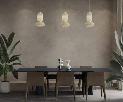 Dining room with black table and brown chairs, 3d render Stock Illustration