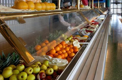 Dining Room Buffet aboard the abstract luxury cruise ship. Selective focus Stock Photos