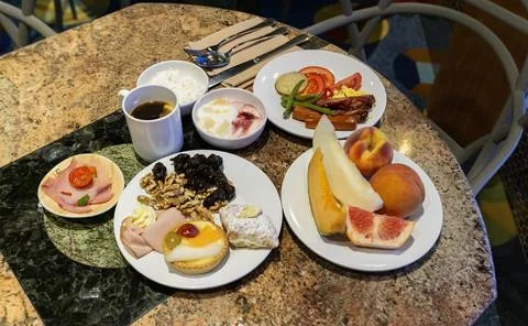 Dining Room Buffet aboard the abstract luxury cruise ship. Healthy breakfast at Stock Photos