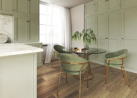 Dining room decorated in minimalist style. Kitchen interior design. Dining table Illustrazione stock