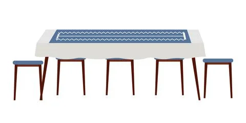 The dining room design flat vector illustration. Dining table with blue Stock Illustration