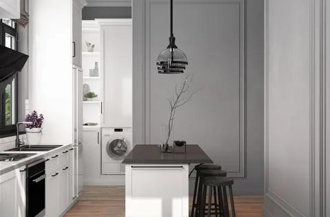 Dining room design with view white classic kitchen and gray frame wall. High Illustrazione stock