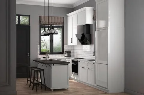 Dining room design with view white classic kitchen and island with chairs. High Stock Illustration