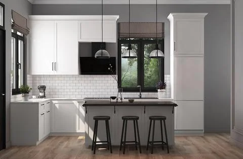 Dining room design with view white classic kitchen and island with chairs. High Stock-Illustration