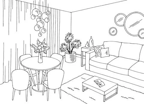 Dining room graphic black white home interior sketch illustration vector Stock Illustration