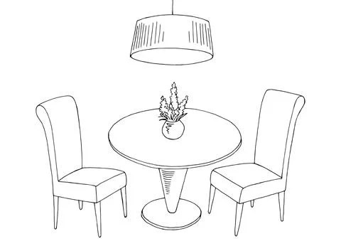 Dining room graphic black white isolated sketch illustration vector Stock Illustration
