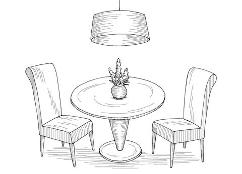 Dining room graphic black white isolated sketch illustration vector Stock Illustration