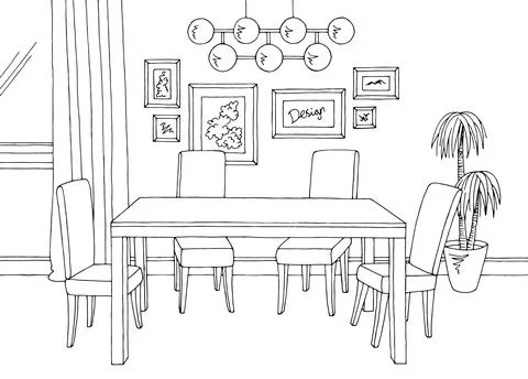 Dining room home interior graphic black white sketch illustration vector Ilustración de archivo