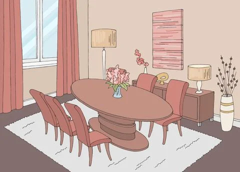 Dining room home interior graphic color sketch illustration vector Stockillustratie