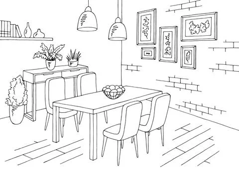 Dining room home interior graphic black white sketch illustration vector Stock Illustration