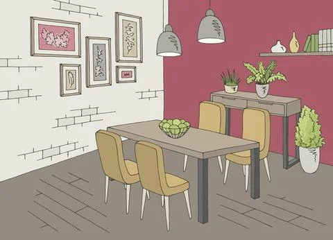Dining room home interior graphic color sketch illustration vector Stock Illustration