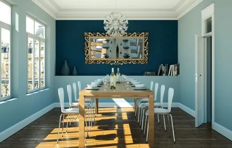 Dining room interior design with blue wall Stock Illustration