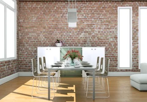 Dining room interior design in modern loft with stonewalls Stock Illustration