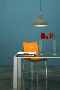 Dining room interior design tabel with orange chairs Stock Illustration