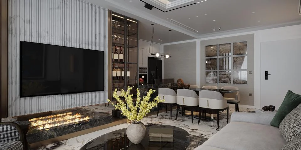Dining room interior design with a view of Modern Living room decoration and Illustrazione stock