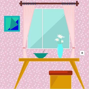 Dining room interior. A dinner table with chairs, a chair, a window, a bowl o Stock Illustration