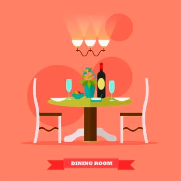 Dining room interior. Vector illustration in flat style. Table with wine and Stock Illustration
