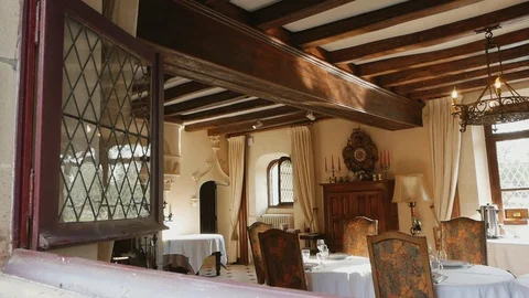 Dining room of a medieval castle in France. Stock Footage