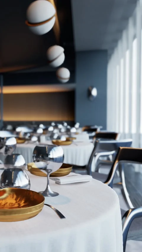 Dining room with modern decor and table settings in a restaurant Stock Footage 335356619