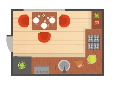 Dining Room Modern Interior, Top View of Detailed Plan for Apartment or Family Stock Illustration