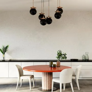 Dining room with orange table, white chair, lamp and other decors, 3d render Stock Illustration