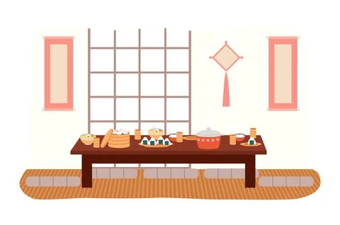Dining room in oriental style. Interior design with Japanese elements. Dining Stock Illustration