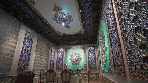 Dining room with richly colored walls and ceiling with Arabic-oriental patterns Stock Footage 204875136