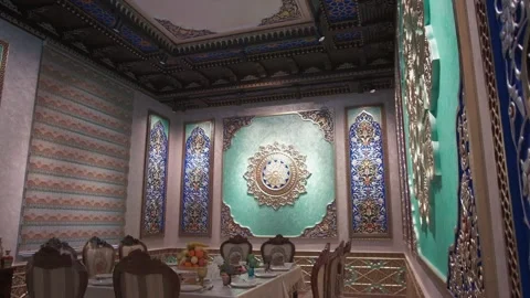 Dining room with richly colored walls and ceiling with Arabic-oriental patterns Stock Footage 204875262