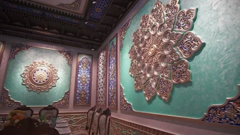 Dining room with richly colored walls and ceiling with Arabic-oriental patterns Stock Footage 204875660