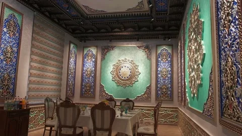 Dining room with richly colored walls and ceiling with Arabic-oriental patterns Stock Footage 204876027