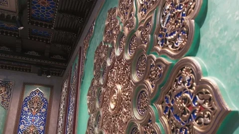 Dining room with richly colored walls and ceiling with Arabic-oriental patterns Stock Footage 204876290