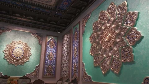 Dining room with richly colored walls and ceiling with Arabic-oriental patterns Stock Footage 204876478