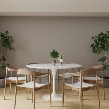 Dining room with table, chairs and plants, 3d render Stock Illustration