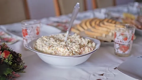 Dining Room Table Prepared with Tasty Food Salad and Tableware for Family Dinner Stock Footage 267264312