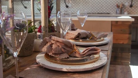Dining Room Table Setting Detail Panning to Kitchen Stock Footage 76256007