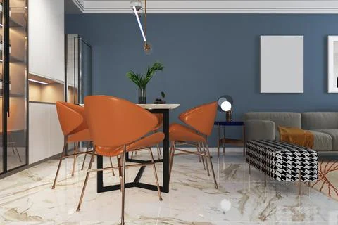 Dining Set, LED Light, Vase, White Wall Cabinet, Marble Tiles Floor for a C.. Stock-Illustration