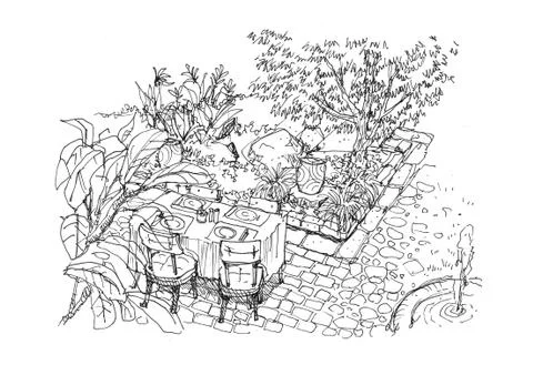 Dining settiing in the garden scene hand drawing illustration Stock Illustration