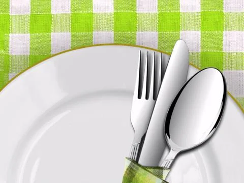 Dining setting on  table with green checked tablecloth Stock Illustration