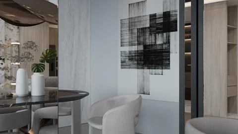 Dining space area design chair table vase wallart design concept for a bett.. Illustrazione stock