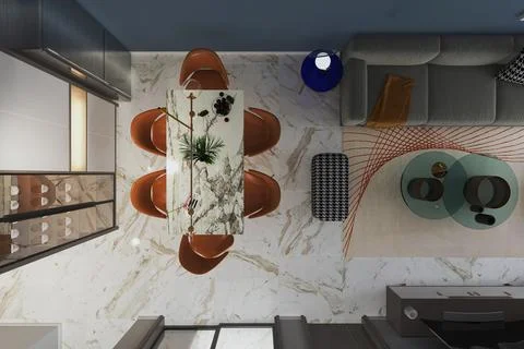 Dining Space Top view, Natural Theme, Home Bar, Fridge Placement for Gorgeo.. Illustrazione stock