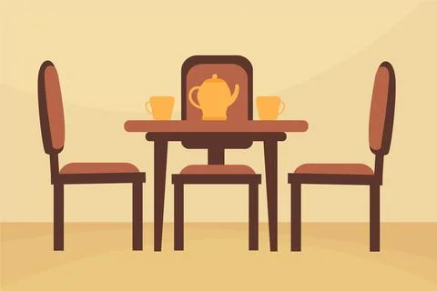 Dining table and 3 chairs and coffee cups Stock Illustration