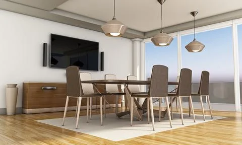 Dining table and chairs in the room. 3D illustration Stock Illustration