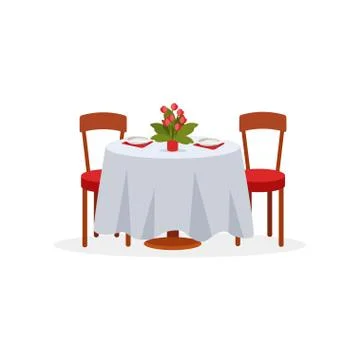 Dining table and chairs for two people, romantic dinner for couple in love Stock Illustration