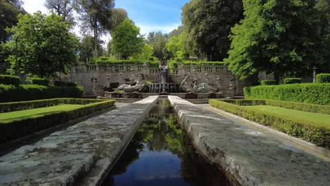 Dining table and the Fountain of the Giants at Villa Lante, Bagnaia, Viterbo Stock Footage 160358933