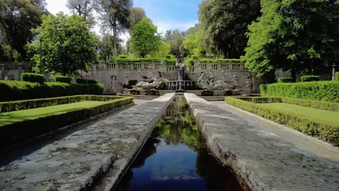 Dining table and the Fountain of the Giants at Villa Lante, Bagnaia, Viterbo Stock Footage 160359700