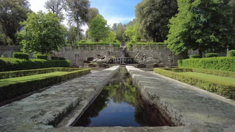 Dining table and the Fountain of the Giants at Villa Lante, Bagnaia, Viterbo Stock Footage 160372181