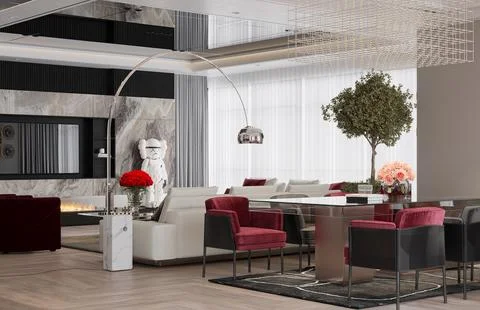 Dining table and home interiors item in living room interior design for a s.. Stock Illustration